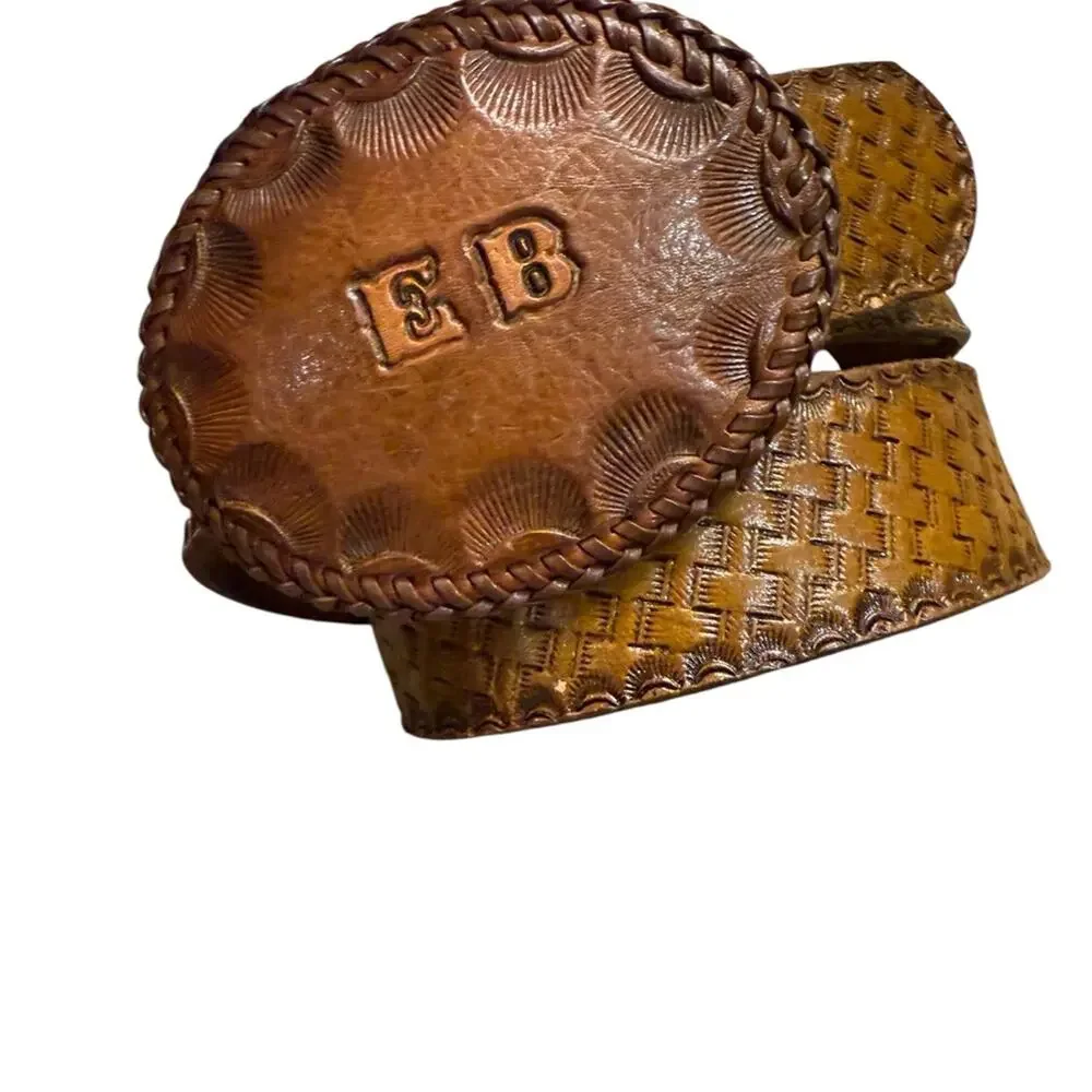 Vintage Brown Leather Basketweave Belt with Embossed Buckle Mens 29